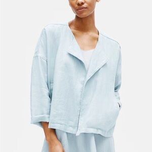 Eileen Fisher Blue Heavy 100% Organic Linen Jacket Boxy Drapey Petite Medium